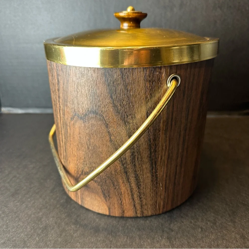 Vintage MCM Ice Bucket Faux Wood Grain Vinyl Brass Handle Lid Barware 1960s 70s